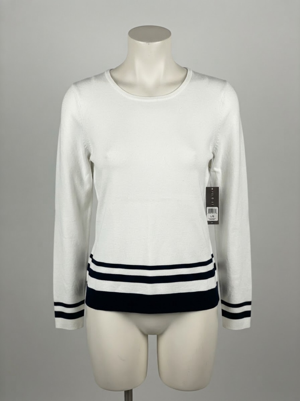 Premise White Crewneck Sweater with Black Stripe Hem and Cuffs